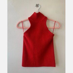 Zara Red Sleeveless Rib Knit Turtleneck Sweater Open Back